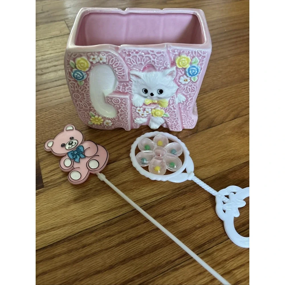 Vintage Lefton Baby Girl Pink GAL Planter White Kitten w Tag Japan EXCELLENT